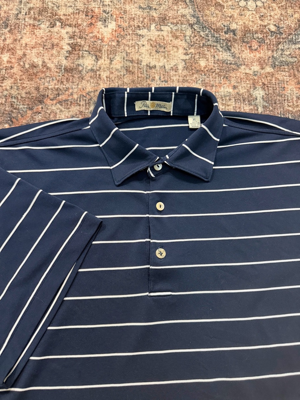 Peter Millar Navy and White Striped Golf Polo